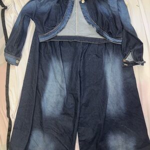 Wide Leg Denim Jumpsuit - Dark Blue